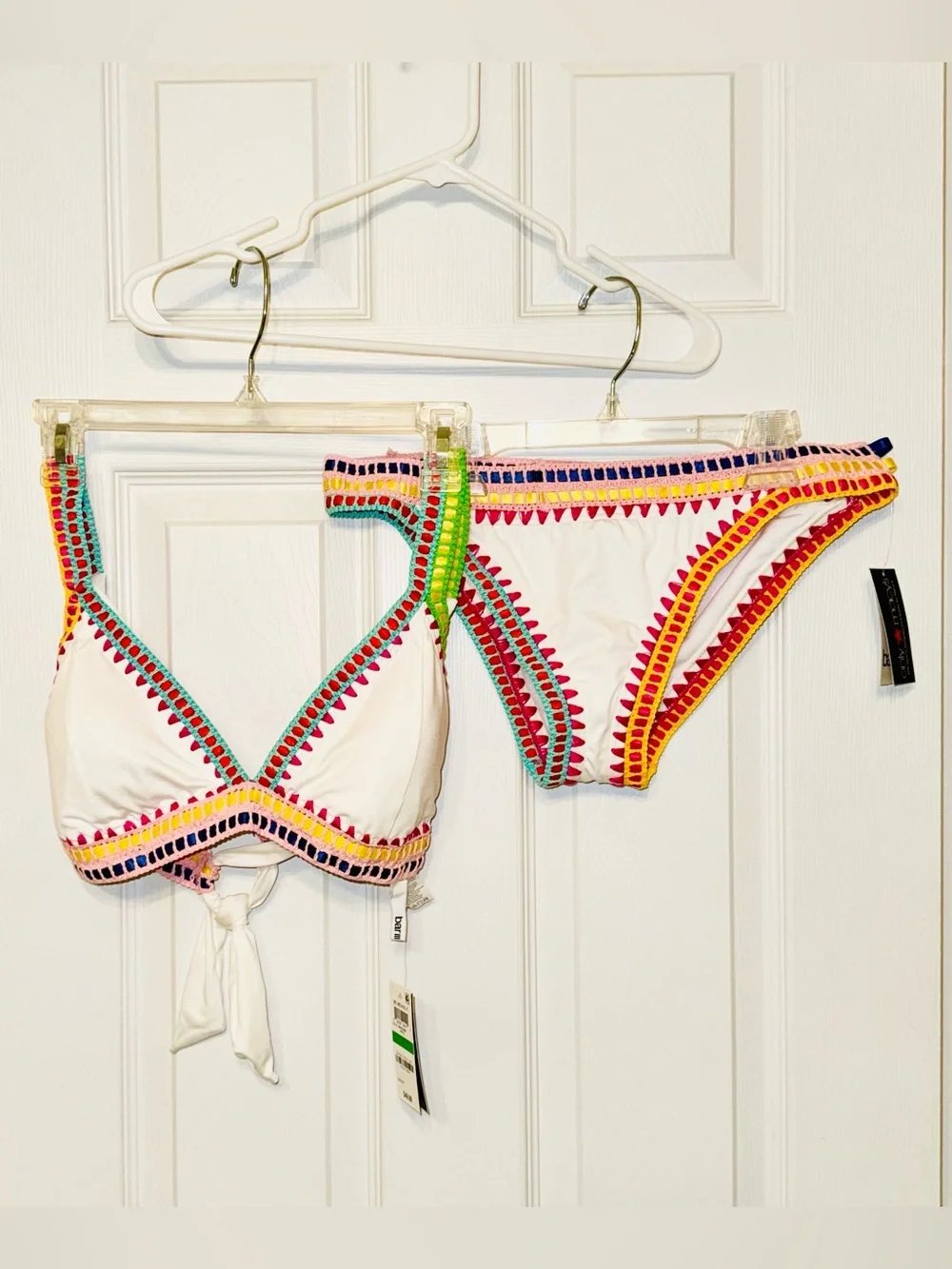 Bar III Be-Weave It NWT White Multicolor Crochet Trim 2-Piece Bikini Swimsuit L